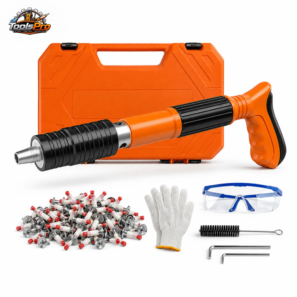 An orange and black pneumatic nail gun set displayed with its orange carrying case, a pile of nails, a white work glove, blue safety glasses, a wire brush, and two hex keys on a white background. A 'ToolsPro' logo is visible in the top-left corner.