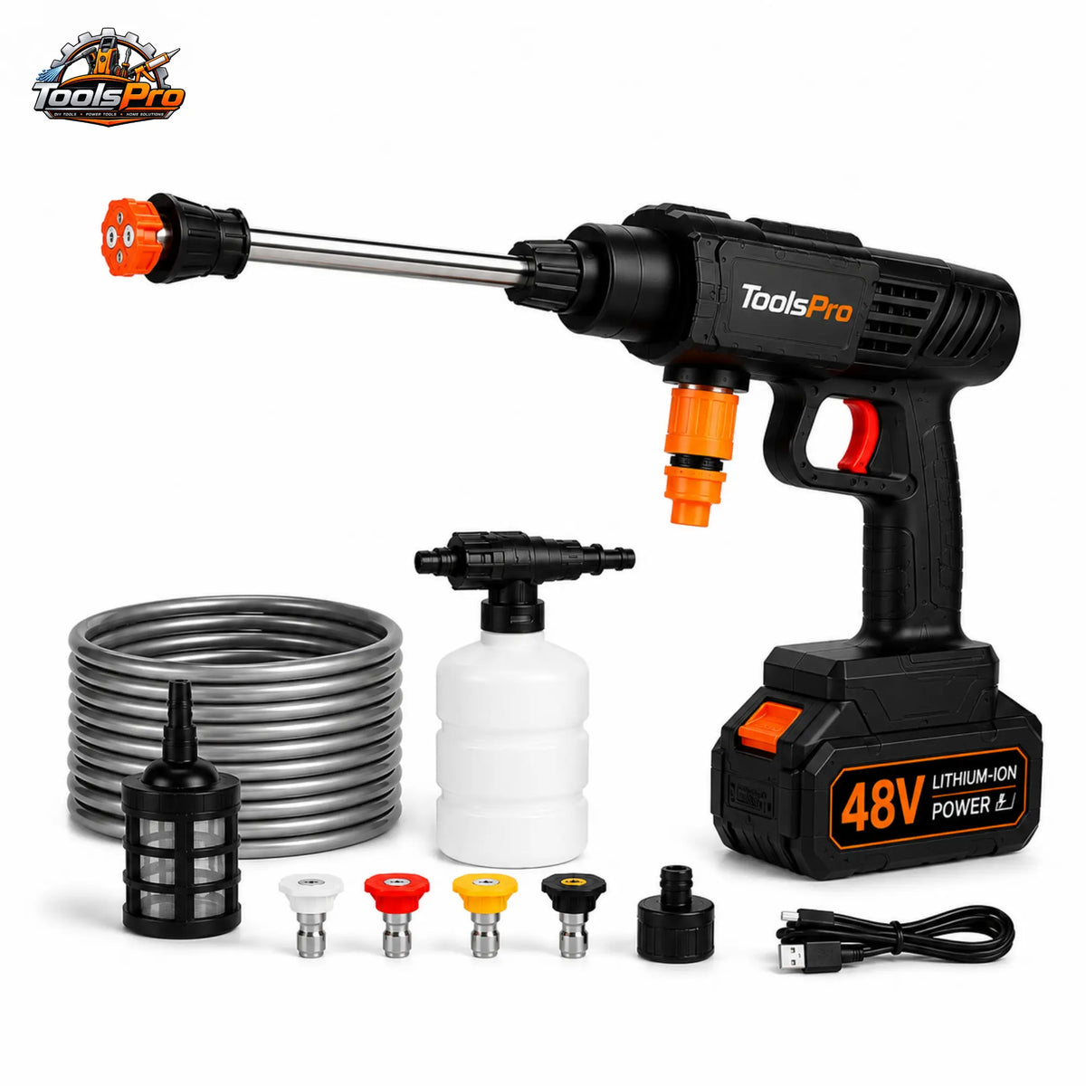 A cordless pressure washer kit by ToolsPro on a white background, featuring a black and orange pressure washer wand with a metal nozzle, a white foam bottle, a coiled metal hose, a filter, five nozzles, a connector, and a charging cable.