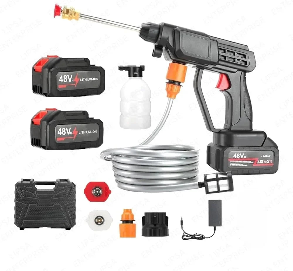Cordless pressure washer with accessories on a white background